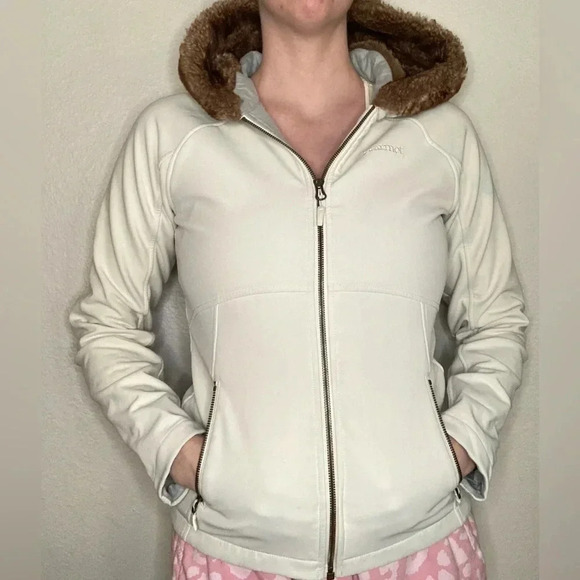 Marmot Zip Up Jacket With Faux Fur Hood Size Small Ivory - Picture 1 of 6